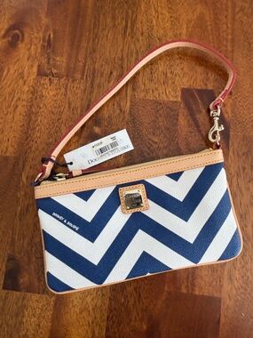 Dooney & Bourke Navy and White Chevron Wristlet with Tan Trim
